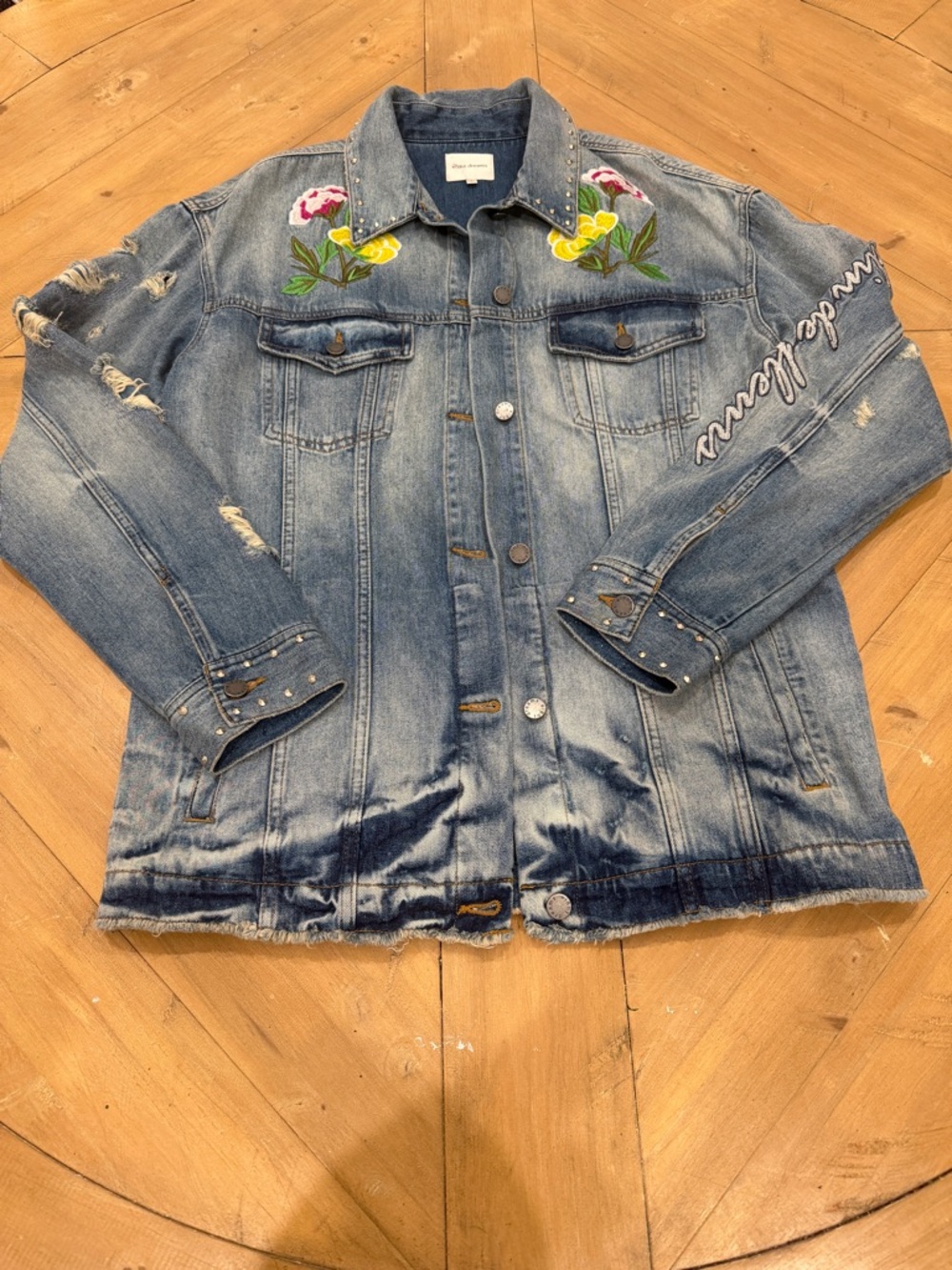 Eight Ei8ht Dreams Embroidered Floral Tiger Distressed Denim Jacket - Large